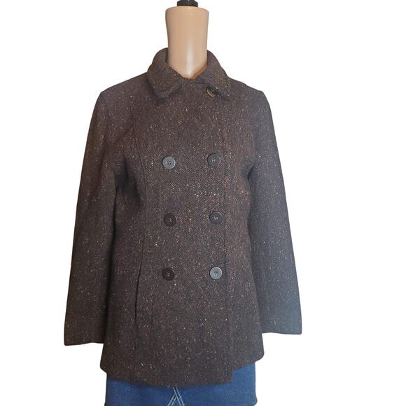 Jones New York Sport Size 6 Brown Speckled Tweed Wool Blend Pea Coat - Picture 1 of 12